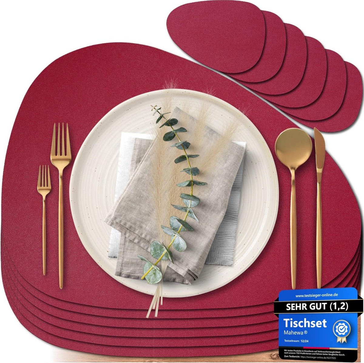 Set van 6 Premium Placemats Ovaal Imitatieleer Bordeaux - Waterdicht en Afwasbaar
