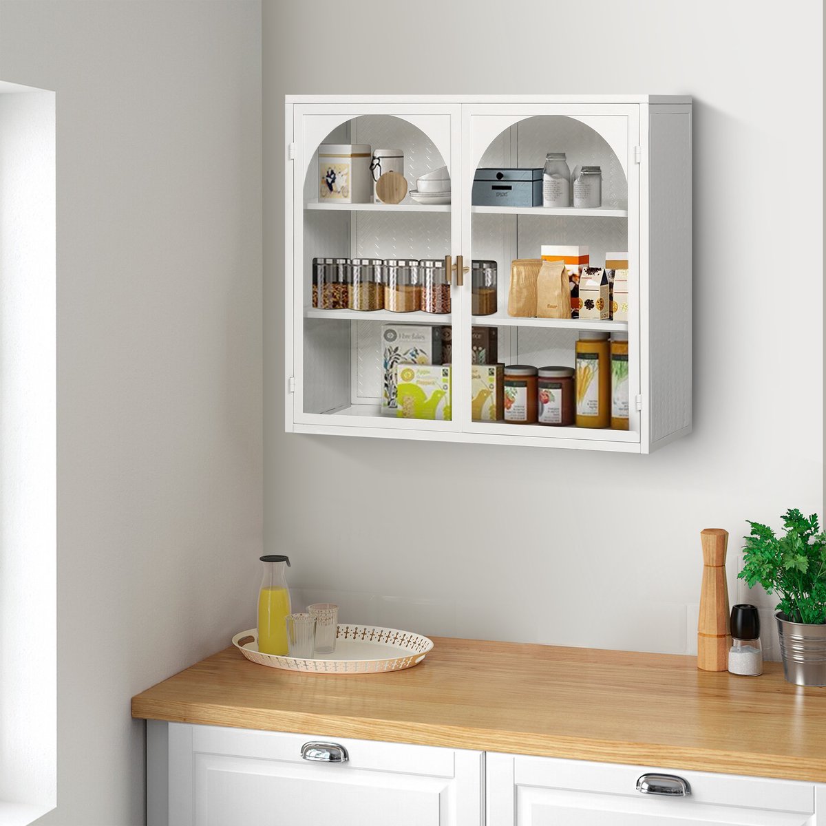 STILVORA Wandkast – Twee-Deurs Kast Met Geweven Patroon – 3-Niveaus Opbergruimte Met Afneembare Plank – Metaal;Gehard Glas – 70x23x60 cm – Wit