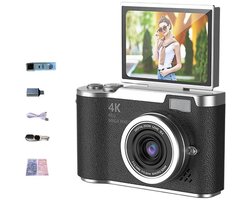 4K digitale camera - Draaibaar scherm - 64 GB geheugenkaart - Ideaal voor buitenfotografie - Zwarte retro camerakit - Perfect voor buitenfotografie, reizen en vrije tijd - Foto- en video-opname in hoge resolutie