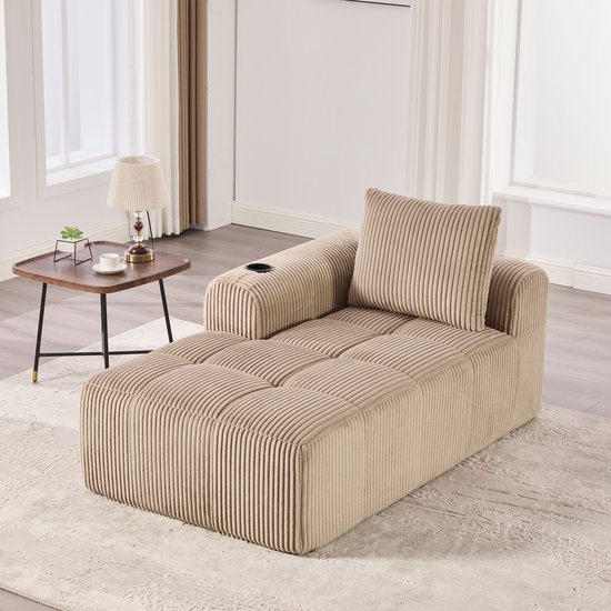 OKWISH Zitbank – 2-Zits Compact – Met Zijvakken & Ingebouwde Bekerhouders – Hoogdicht Schuim Met Veerondersteuning – Ribfluweel – Khaki