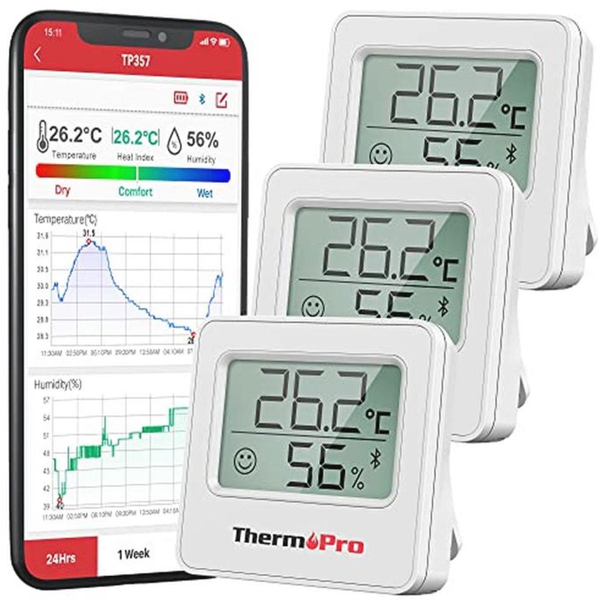 Bluetooth Hygrometer Set van 3 met App voor Binnen gebruik - Digitale Kamerthermometer met Smiley Indicator en Temperatuur- en Vochtigheidsmeting tot 80 meter