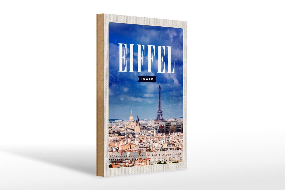 Holzschild Reise 20x30cm Eiffel tower Panorama Bild Retro