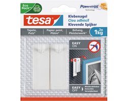 Tesa zelfklevende spijkers - 2x st - wit - draagkracht 1 kg - voor gevoelige oppervlakken - voor behang en pleisterwerk - zonder schroeven
