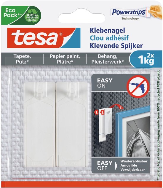 Emballage de 2 clous adhésifs tesa blancs, capacité 1kg, adaptés au papier peint et au plâtre. Contient Eco Pack et technologie Powerstrips.