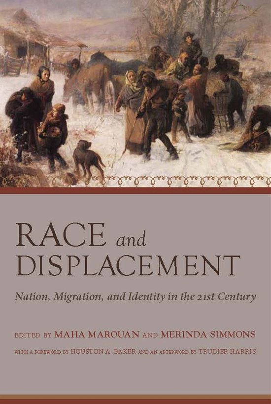 Boekomslag met schilderij van mensen in de sneeuw en tekst "RACE and DISPLACEMENT".