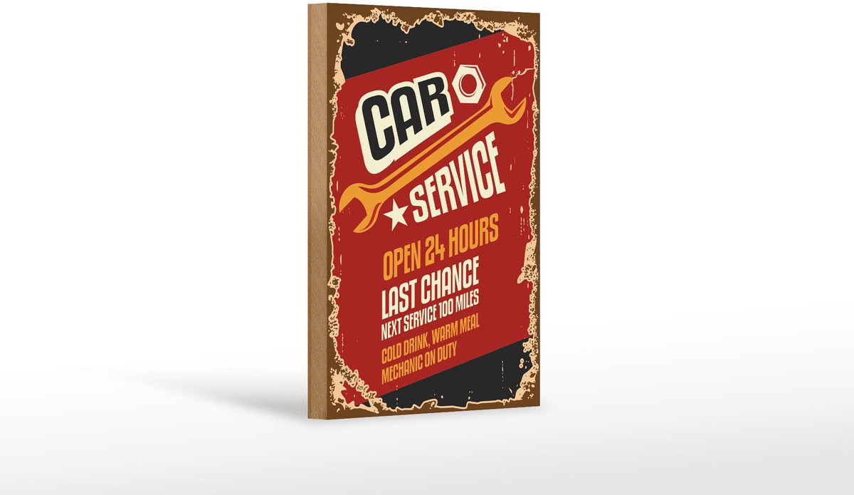 Femer Holzschild Retro 12x18cm Car Service open 24 hours Auto Multi-coloured