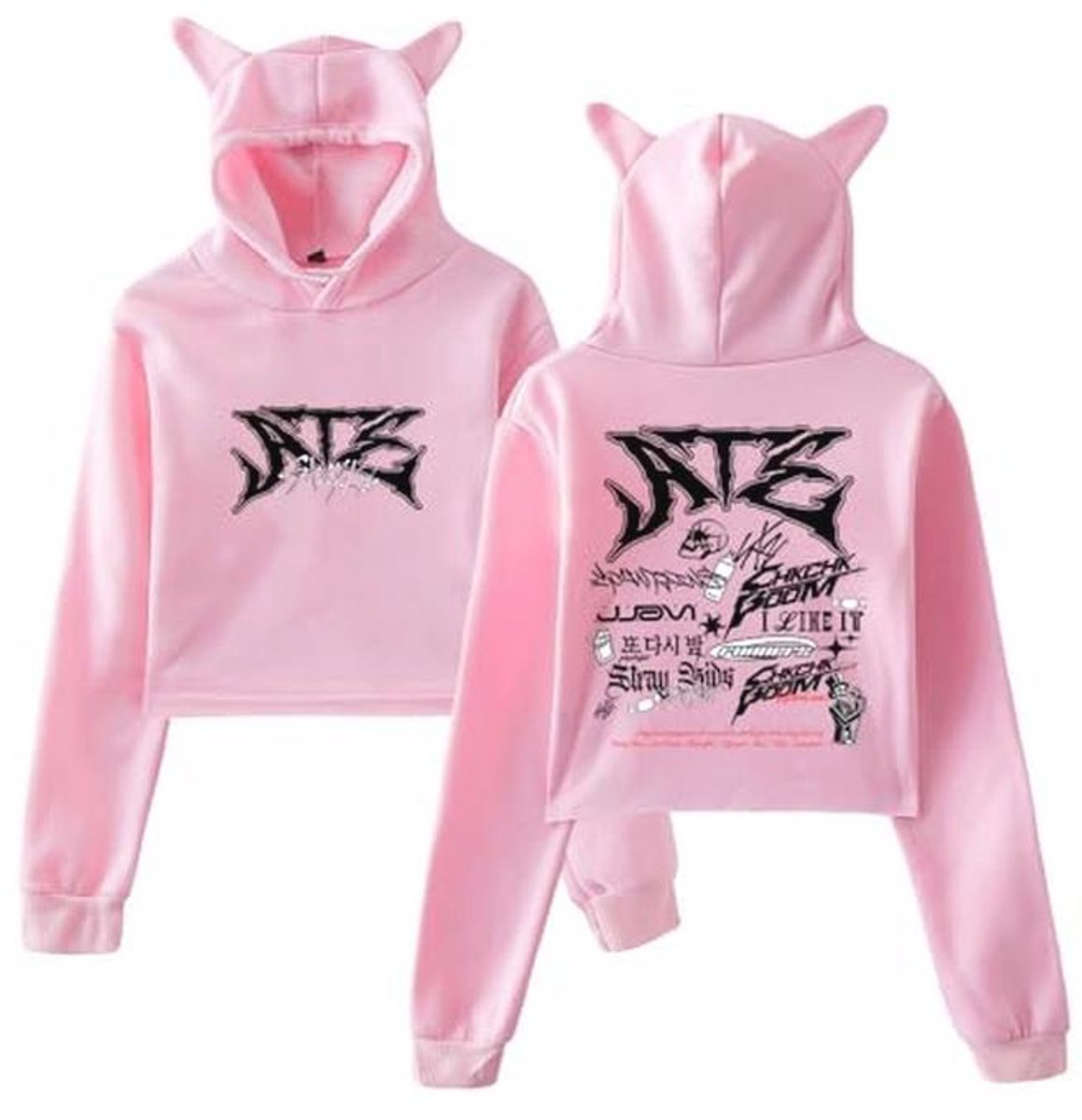 Ate Tracklist Merch Hoodie Vrouwen Lange Mouw Crop Top met Kat Oren