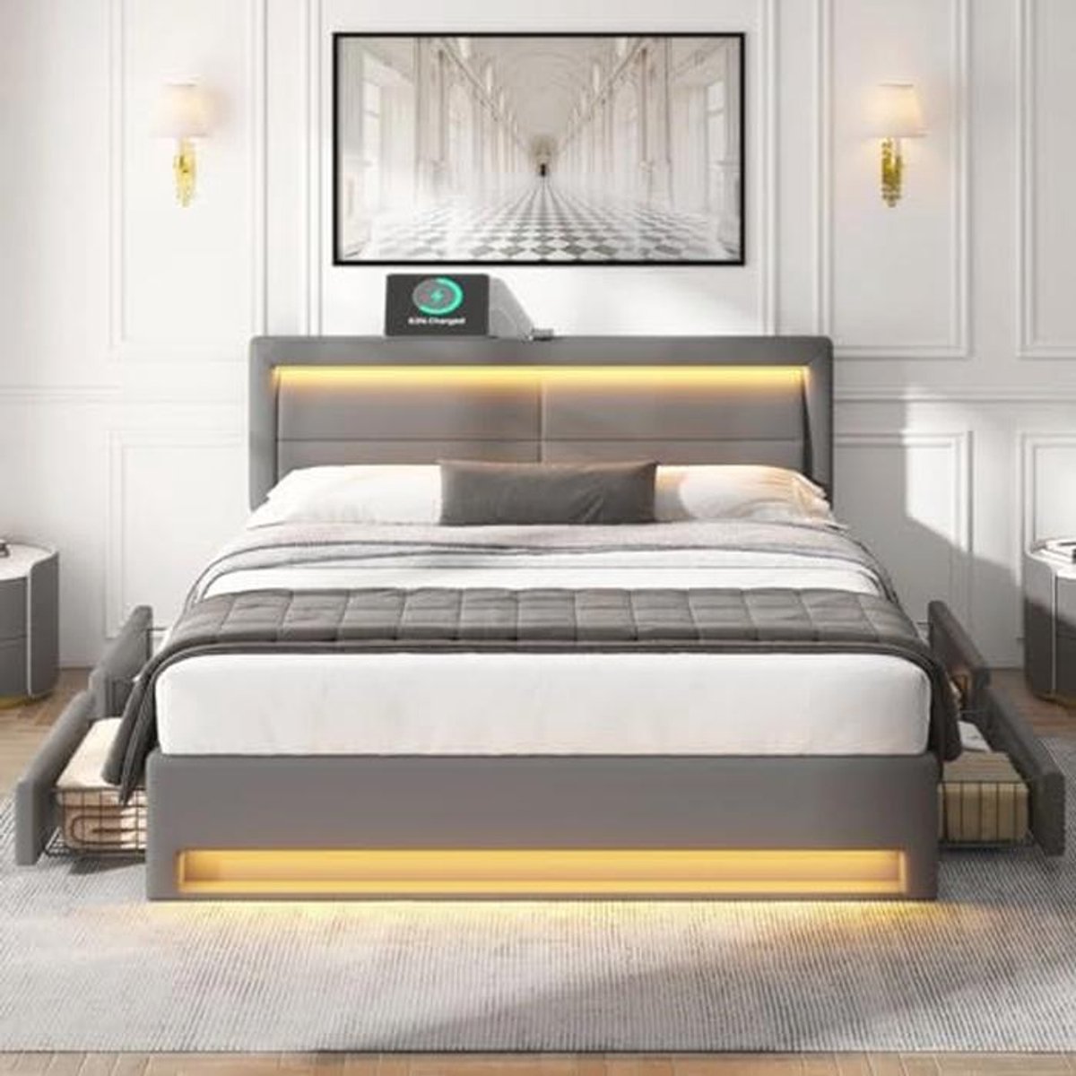 Tweedehands Gecapitonneerd Bed met USB-poort en Ledverlichting - Opbergbed met 4 Laden, 140 x 190 cm