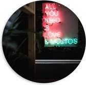 Dibond Wandcirkel - ''All You Need is Love & Mojitos''  Ledlampen  - 80x80cm Foto op Aluminium Wandcirkel (met ophangsysteem)