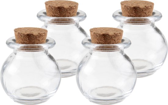 4x Mini glazen ronde flesjes/potjes 5,5 x 6 cm met kurk dop - Hobby/diy - Bedankjes/weggevertjes - Bewaarpotjes/voorraadpotjes