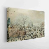 Winter Landscape with Ice Skaters, by Hendrick Avercamp, 1608, Dutch painting, oil on panel. Hundreds of people are out on the ice, for both pleasure and necessity - Modern Art Canvas - Horiz