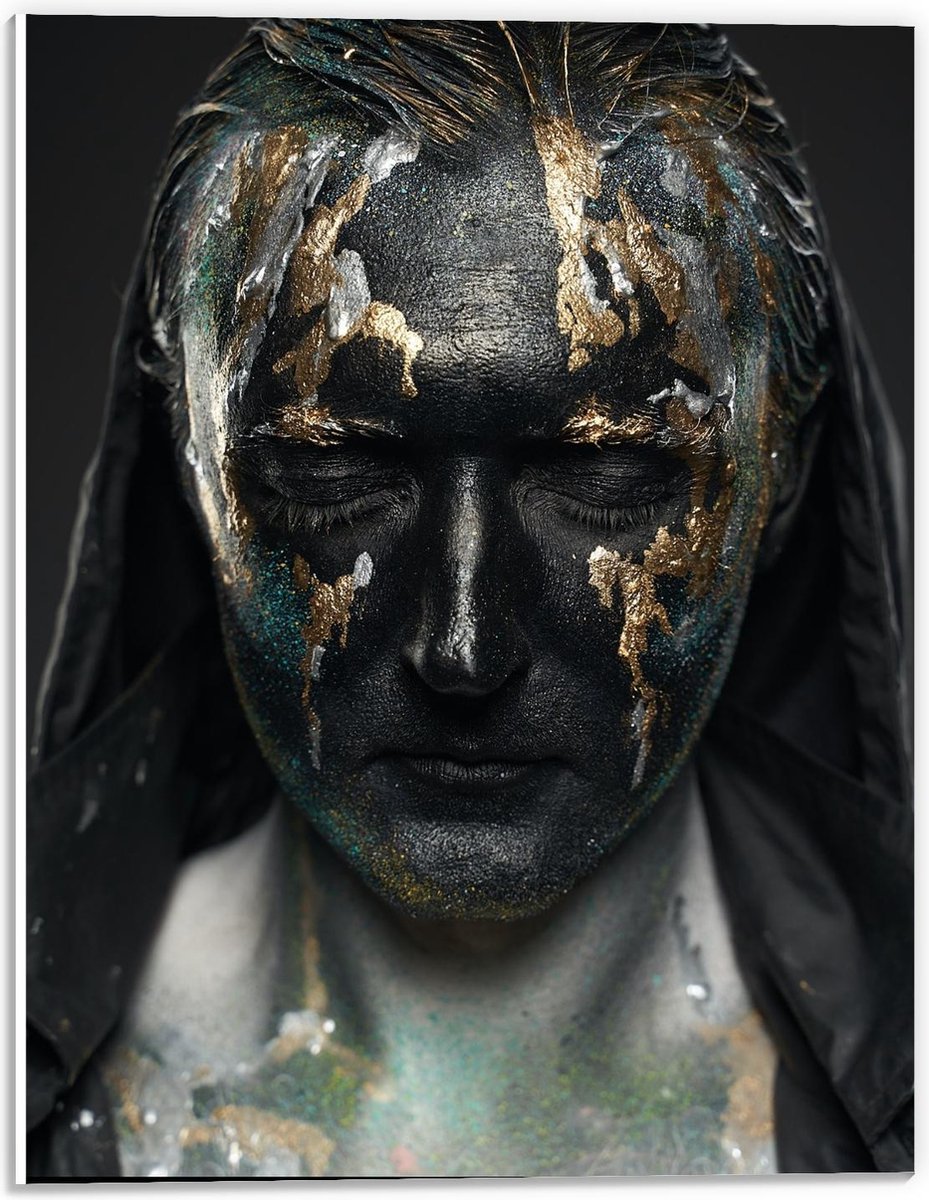 KuijsFotoprint - Schilderij - Gezicht Met Zwarte. Gouden Zilveren Verf - Zwart, Goud En Zilver - 40 X 30 Cm