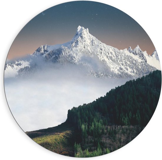 Dibond Wandcirkel - Witte Bergtoppen  - 90x90cm Foto op Aluminium Wandcirkel (met ophangsysteem)