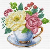 Voorbedrukt borduurpakket blauwe kop met bloemen op aida Needleart World 250.001