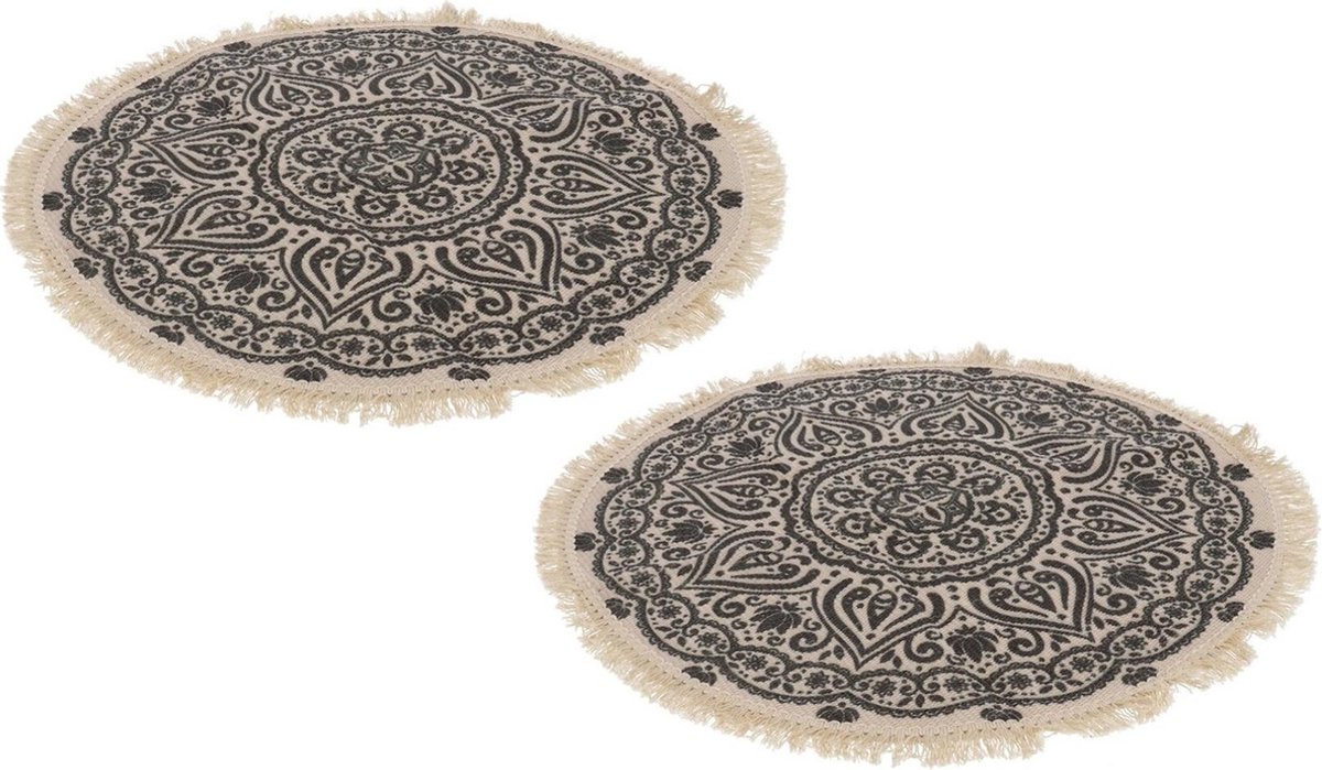 Set van 2x stuks zwarte/naturel hammam stijl badmat 50 cm rond - Mandala print - Badmatten - Badkamerkleedje - Merkloos