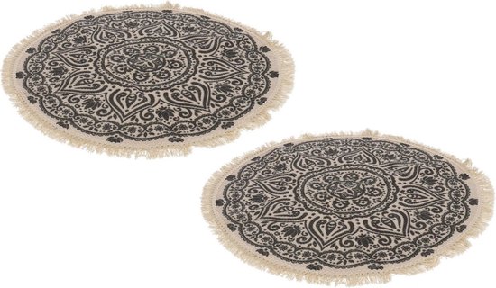 Set van 2x stuks zwarte/naturel hammam stijl badmat 50 cm rond - Mandala  print -... | bol.com