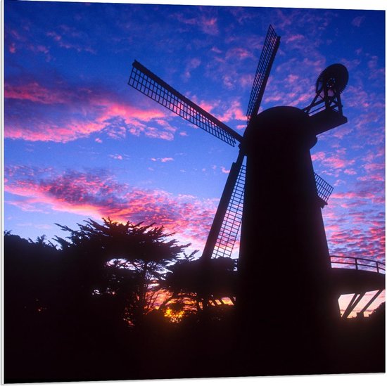 Forex - Windmolen met Kleurrijke Zonsondergang - 80x80cm Foto op Forex