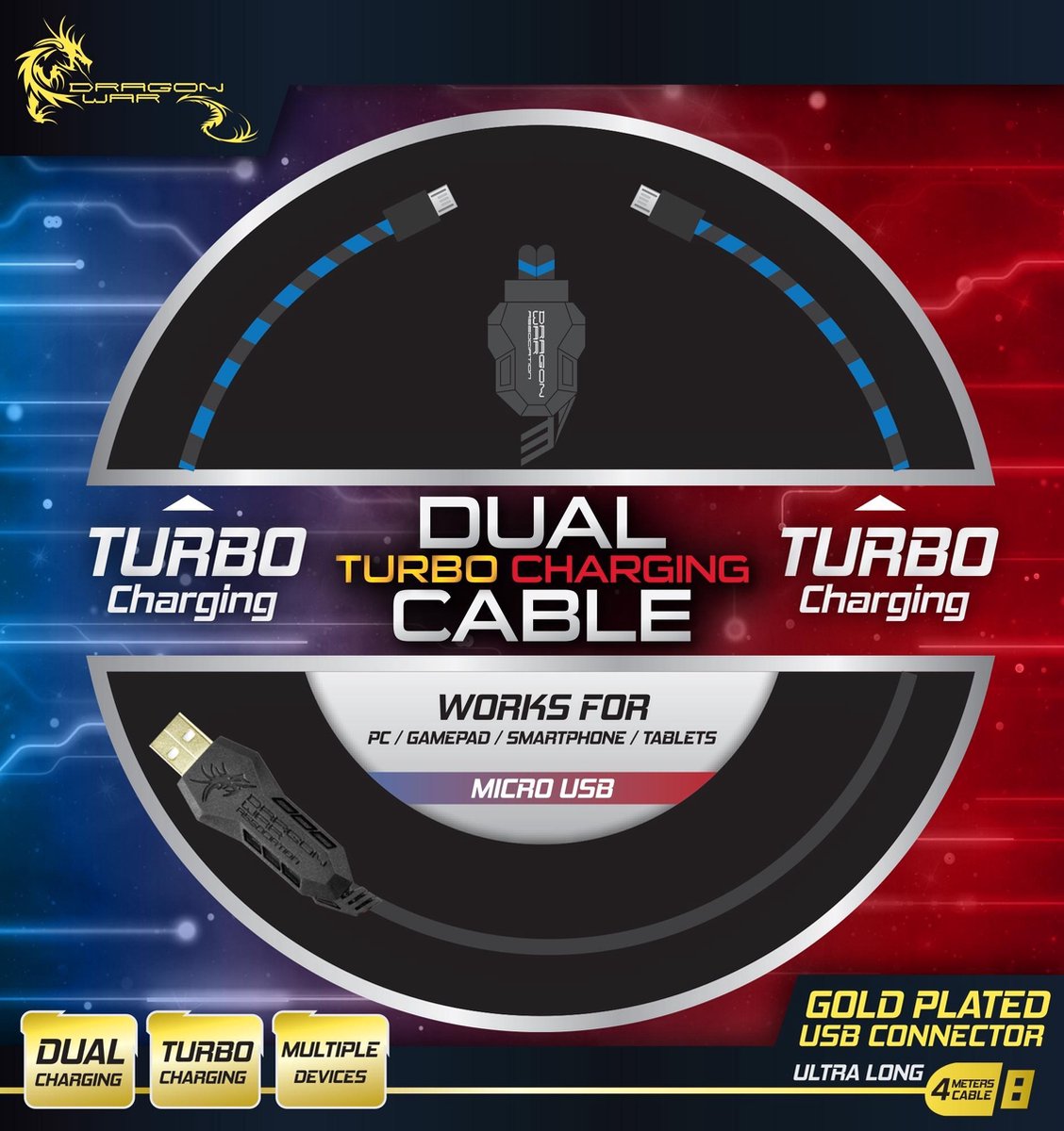 Dragonwar Dual Turbo Laadkabel - 4 meter