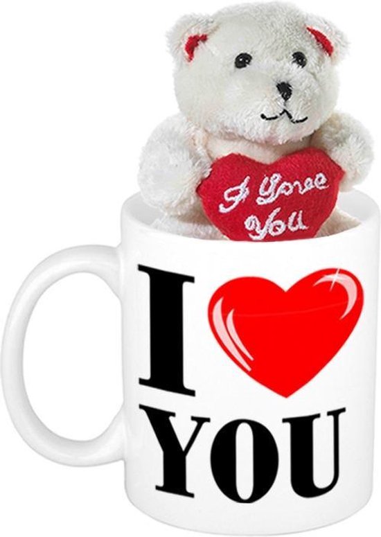 Valentijn cadeau I Love You beker / mok 300 ml met beige knuffelbeertje met love hartje - Valentijn cadeautje vrouw en man - Bellatio Decorations