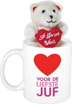 Juffendag cadeau Voor de liefste juf beker / mok 300 ml met beige knuffelbeertje met love hartje - Bedankt Juf cadeautje