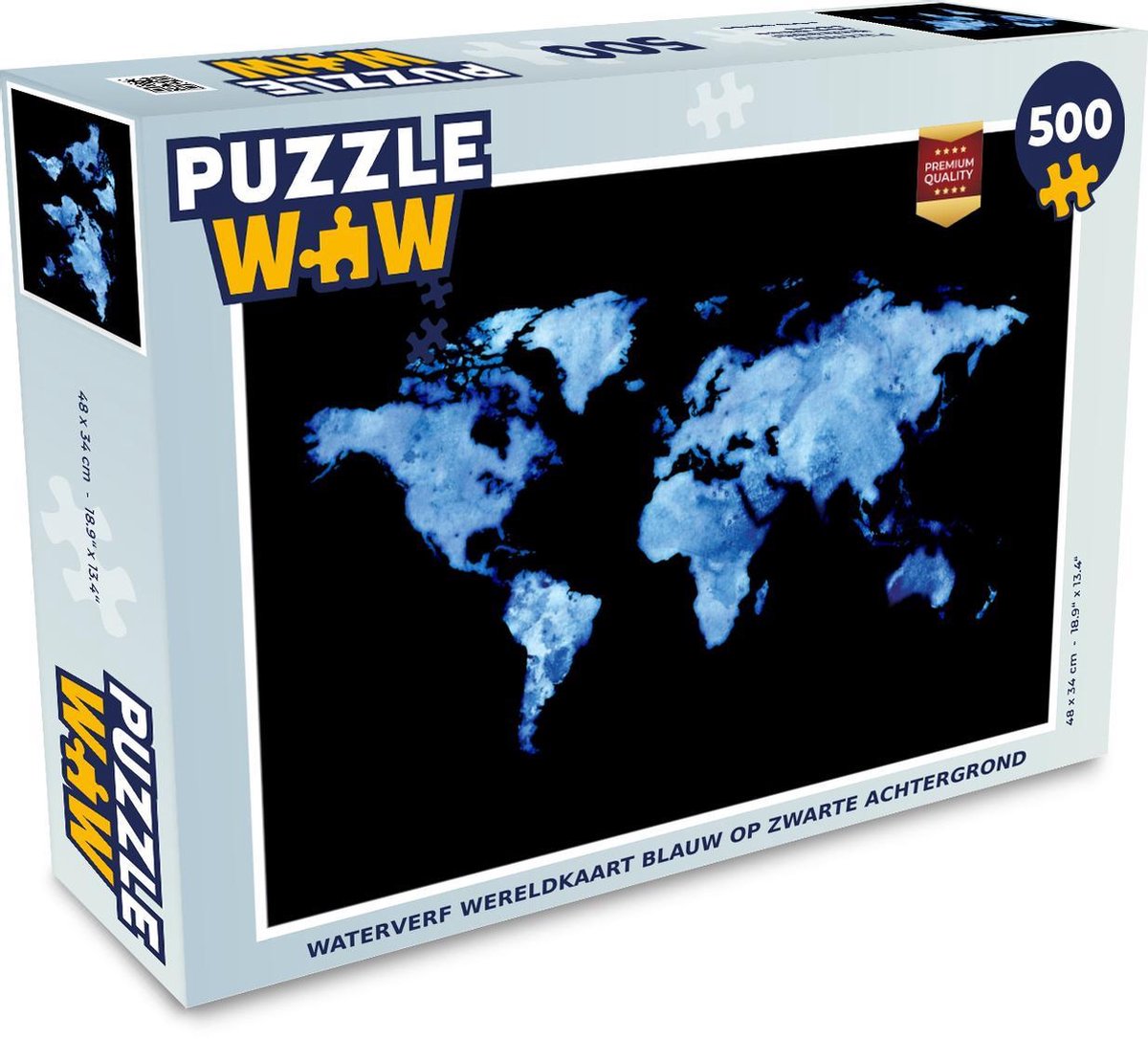 Afbeelding van product Puzzel 500 stukjes Waterverf wereldkaart - Waterverf wereldkaart blauw op zwarte achtergrond puzzel 500 stukjes - PuzzleWow heeft +100000 puzzels