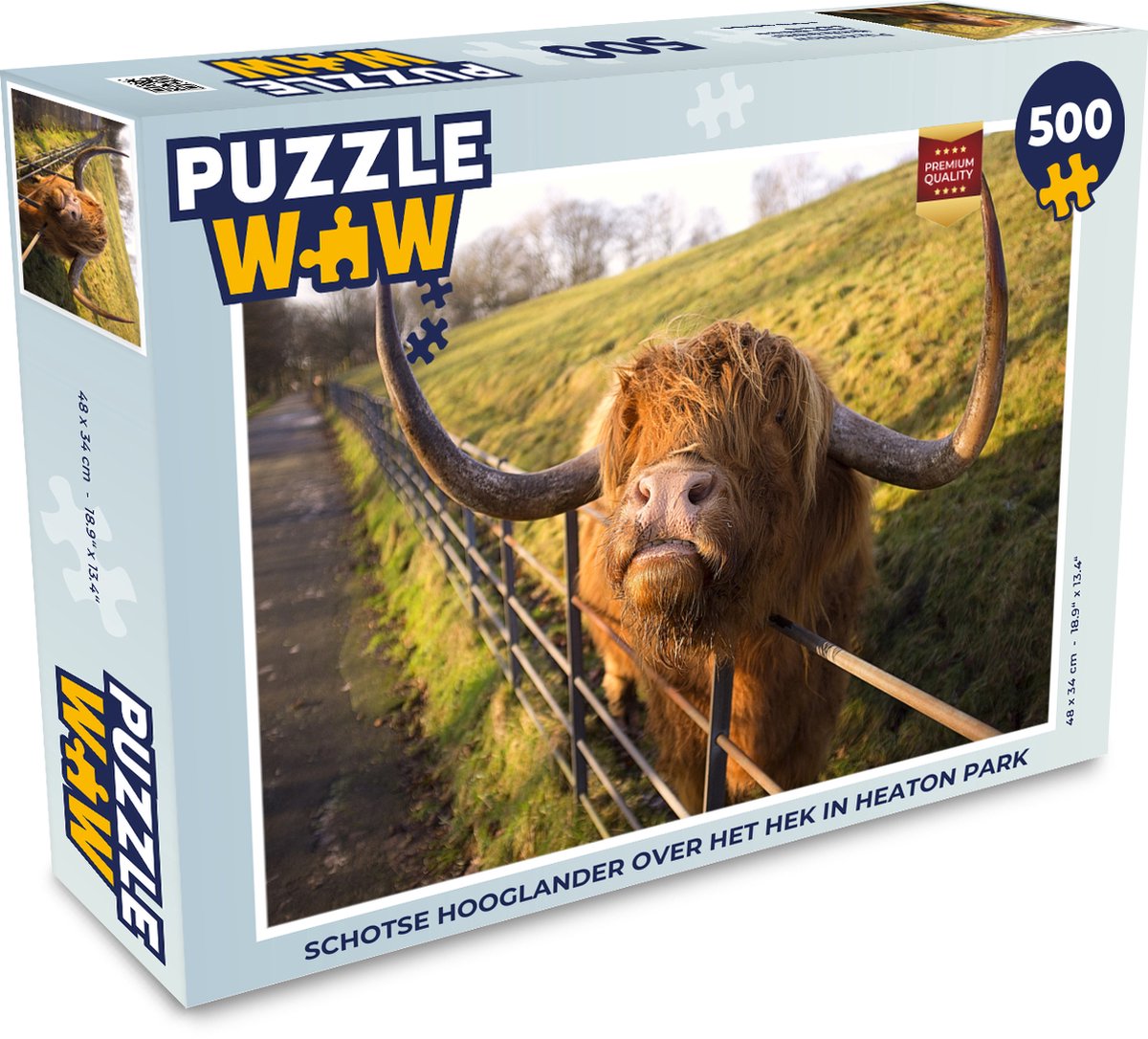 Afbeelding van product Puzzel 500 stukjes Schotse Hooglanders - Schotse hooglander over het hek in Heaton Park - PuzzleWow heeft +100000 puzzels