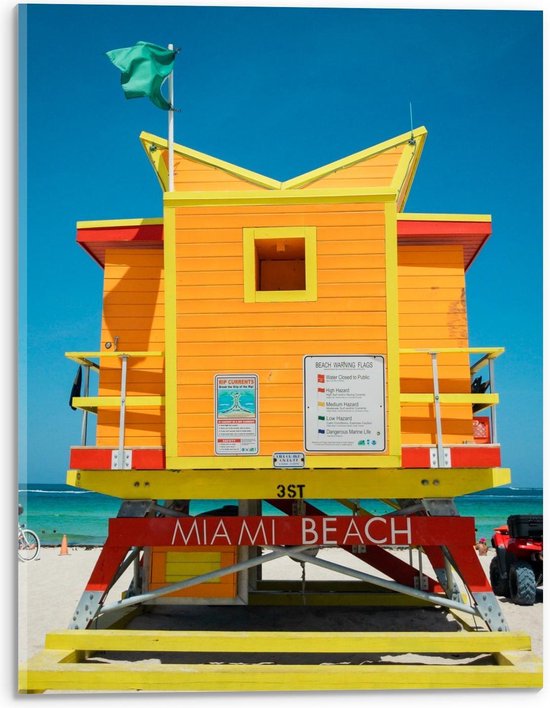Acrylglas - Oranje Strandhuisje op Miami Beach - 30x40cm Foto op Acrylglas (Met Ophangsysteem)