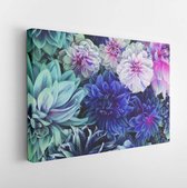 Beautiful fresh colorful blue, white and purple dahlia flowers in full bloom. Spring blossoms. Summer floral texture for background. Saturated blue color. - Modern Art Canvas - Hor