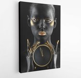 Beautiful woman with black and golden paint on her body holding clock against dark background - Modern Art Canvas -Vertical - 1195012702 - 40-30 Vertical