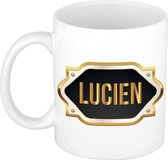 Mug cadeau naam Lucien / tasse avec emblème doré - cadeau anniversaire / fête des pères / retraite / réussi / merci