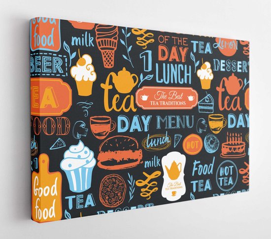 Seamless background with drink and food symbols. Menu pattern. Vector Illustration with funny lettering and labels on white. Decorative elements for your packing design. Multicolor. - Modern Art Canvas - Horitonzal - 353122358 - 40*30 Horizontal