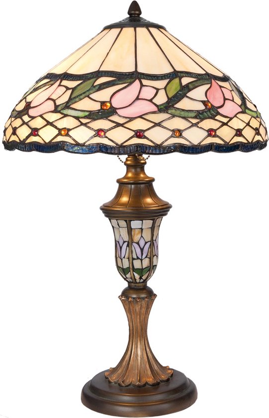 LumiLamp Lampe de table Tiffany Ø 40x60 cm Beige Rose Verre Fleur Lampe de bureau Tiffany