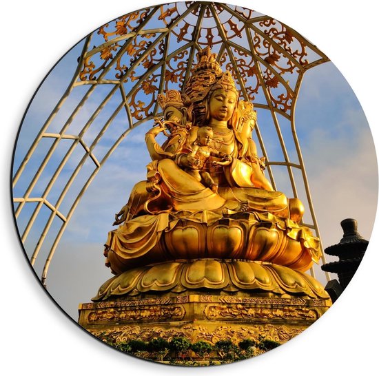 Dibond Wandcirkel - Groot Goud Boeddha Standbeeld - 40x40cm Foto op Aluminium Wandcirkel (met ophangsysteem)