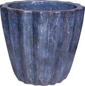 PTMD Bec Blue ceramic pot ribbed round low L