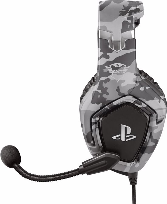 Grijze gaming headset met camouflagepatroon, met een flexibele microfoon en Playstation-logo.