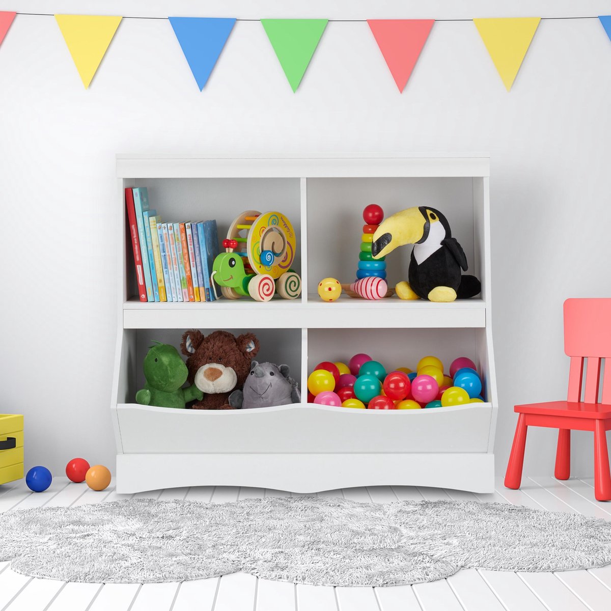 Relaxdays speelgoedkast, 3 opbergbakken, met wieltjes, HBD: 60 x 102 x 30 cm, opbergkast kinderkamer, kinderkast, wit