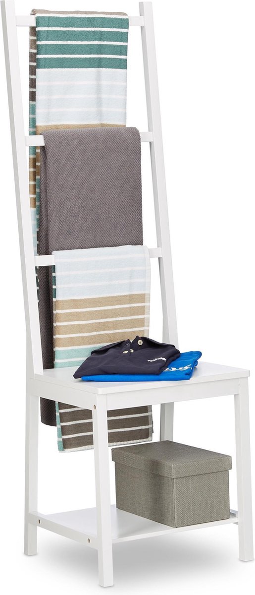 Relaxdays handdoekhouder stoel - dressboy - handdoekrek bamboe - staand handdoekenrek wit