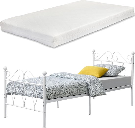 Metalen bedframe Apolda met matras wit 90x200 cm