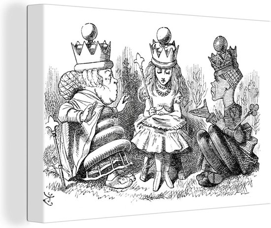 Canvas Schilderij Vintage illustratie Alice pratend met de koninginnen - zwart wit - 90x60 cm - Wanddecoratie