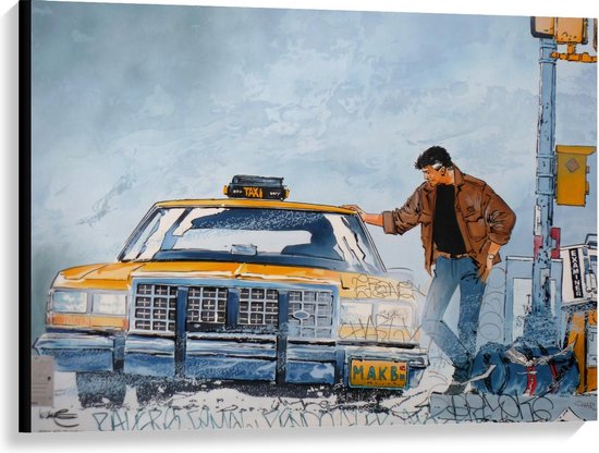 Canvas  - Getekende Man bij een Gele Taxi - 100x75cm Foto op Canvas Schilderij (Wanddecoratie op Canvas)