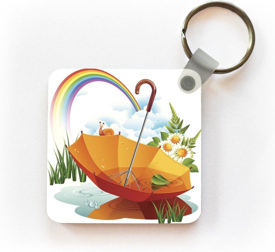 Porte-clés Rainbows illustration - Une illustration d'un parapluie orange sous un porte-clés arc-en-ciel en plastique - porte-clés carré avec photo