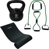 Tunturi - Fitness Set - Kettlebell 8 kg - Fitnessmat 160 x 60 x 0,7 cm - Tubing Set Groen