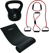 Tunturi - Fitness Set - Kettlebell 4 kg - Fitnessmat 160 x 60 x 0,7 cm - Tubing Set Rood