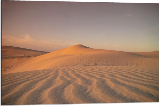 Dibond - Woestijn Tijdens Zonsondergang - 90x60cm Foto op Aluminium (Wanddecoratie van metaal)