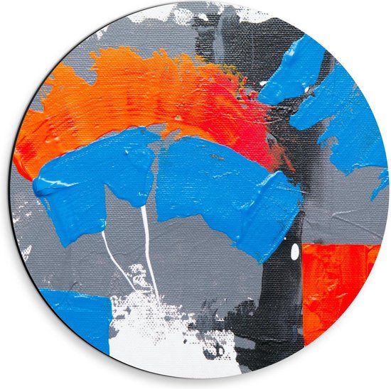 Dibond Wandcirkel - Oranje/Blauwe/Grijze Abstracte Kunst - 30x30cm Foto op Aluminium Wandcirkel (met ophangsysteem)