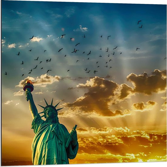 Dibond - Vrijheidsbeeld met Zon en Vogels - 80x80cm Foto op Aluminium (Wanddecoratie van metaal)
