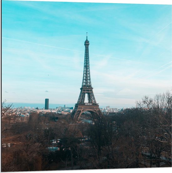 Dibond - Eiffeltoren - Parijs van Afstandje  - 80x80cm Foto op Aluminium (Met Ophangsysteem)