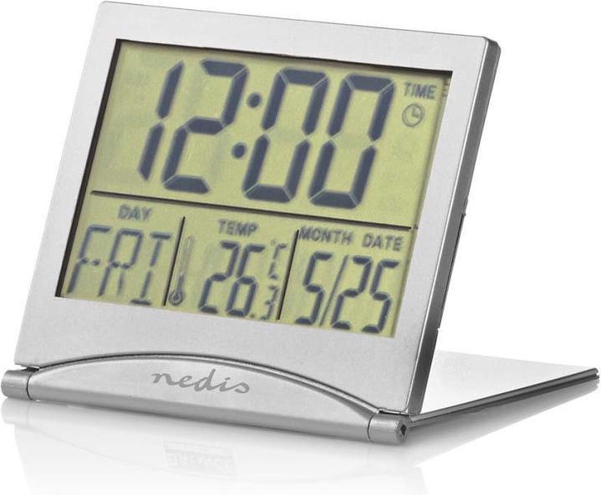 NEDIS Digital-Schreibtisch-Wecker, LCD-Anzeige, 5 cm, Faltbar, Datumsanzeige, Timerfunktion, Raumtemperatut, Ja, Silber - CLDK002SR