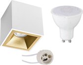 Opbouwspot Set - Pragmi Cliron Pro - GU10 Fitting - Dimbaar - Opbouw Vierkant - Mat Wit/Goud - 6W - Warm Wit 3000K - Verdiept - 90mm - BES LED