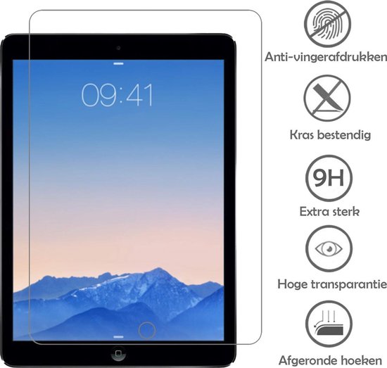 iPad 5e generatie met schermprotector en pictogrammen voor anti-vingerafdruk, krasbestendig, extra sterk (9H), hoge transparantie en afgeronde hoeken.